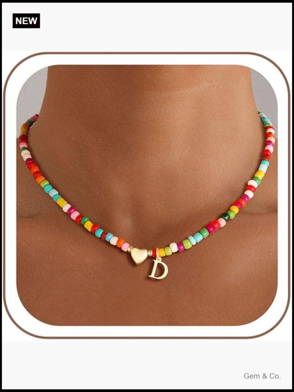 Colorful Beaded Initial Necklace 14K Gold Plated Heart Pendant Choker
